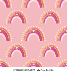 Patrón sin foco con arco iris rosado lindo, corazón. Imagen de pared escandinava Boho para niños, guardería. Invitación a la ducha para bebés. Es una chica. Hola, cariño, fiesta, evento. Cartel, volante. Vector