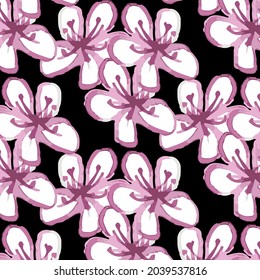 Seamless pattern with cute pink sakura isolated on black baclground. Floral ornament. Vector illustration.