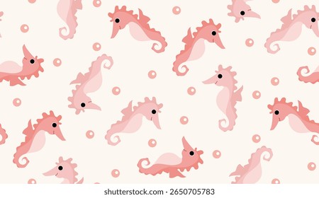 Seamless Pattern with Cute Pink Seahorses and Bubbles – Underwater Marine Cartoon Design