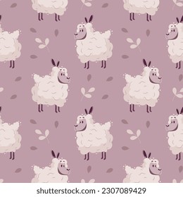 Seamless pattern, cute pink sheep with hearts on a light background. Cartoon illustration in flat style, children's print, vector	
