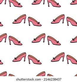 Seamless pattern with cute pink shoes on white background. Vector image.