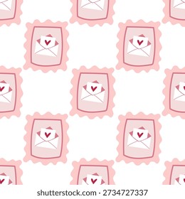 Seamless pattern with a cute pink stamp with a love letter on it. Saint Valentine's Day element