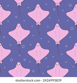 Seamless pattern with cute pink stingrays swimming in sea or ocean. Marine life. Undersea world. Vector illustration hand drawn doodle. Print for paper or fabric. Blue background