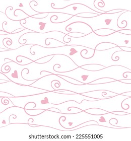 Seamless pattern with cute pink swirls and hearts