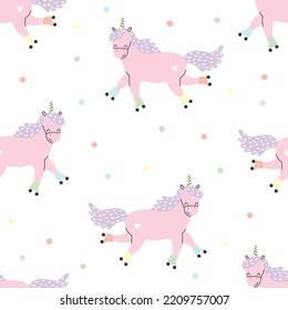 Seamless pattern with cute pink unicorn roller skating. Vector illustration