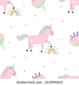 Seamless pattern with cute pink unicorn, rainbow and flowers. Vector illustration