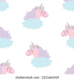 Patrón sin foco con unicornio rosa lindo y nube. Ilustración del vector
