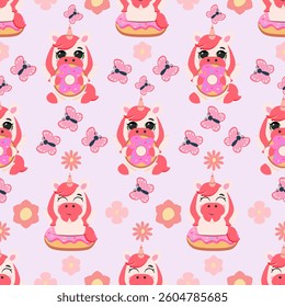 Seamless pattern with a cute pink unicorn holding a donut, butterflies, and flowers. Ideal for children's textiles, wrapping paper, baby products, and cheerful decorations
