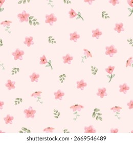 Patrón sin fisuras con lindas flores de acuarela rosa y hojas verdes sobre fondo pastel. Perfecto para textil, tela, diseño de vivero, Fondo de pantalla, papel de embalaje y proyectos de primavera.
