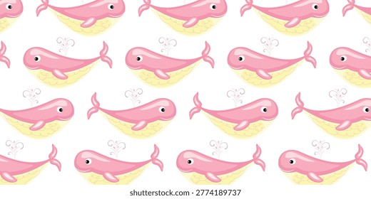 Seamless Pattern with Cute Pink Whales and Water Fountain on White Background Nautical Vector