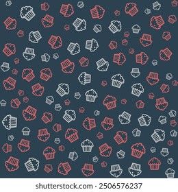 Seamless pattern of cute pink and white cupcakes on a dark blue background.