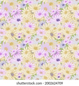Seamless pattern with cute pink, yellow, purple, white chamomiles. Hand drawn vector illustration on light green abstract background. Small floral texture, print