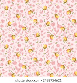 Seamless pattern Cute pink, yellow floral pattern in spring on romantic pink background for fabric, textile, wallpaper. 
 gift wrapping paper