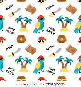 Seamless pattern with cute pirate parrot chest map sword. Boy pattern for t shirt.