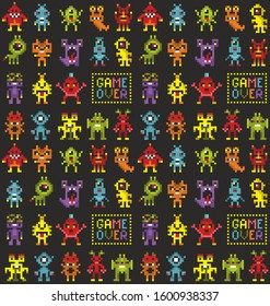 Seamless pattern with cute pixel monsters from the video game. Robots attack in retro style for print and wallpaper. Vector endless illustration.