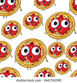Seamless pattern of cute pizza monsters on an isolated white background. Fast food with eyes, junk food. Design for poster, print, kids menu. Digital hand drawn illustration. Stock vector illustration