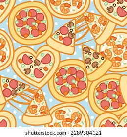 Seamless pattern of cute pizza in various flavor on blue background.Fast food hand drawn.Kid cartoon design.Kawaii.Vector.Illustration.