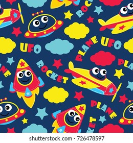 Seamless pattern of cute plane, rocket and ufo on blue background vector cartoon illustration for kid wrapping paper, fabric clothes, and wallpaper