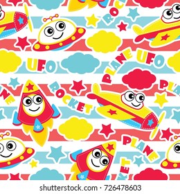 Seamless pattern of cute plane, rocket and ufo on striped background vector cartoon illustration for kid wrapping paper, fabric clothes, and wallpaper