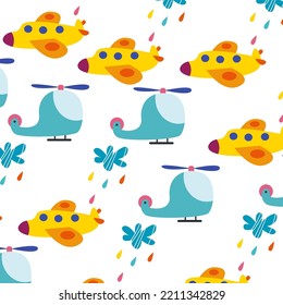 Seamless pattern with cute planes and helicopters perfect for wrapping paper