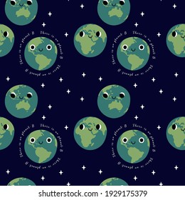 Seamless pattern with cute planet Earth characters with smiling face. Kawaii globe. Funny celestial body. Hands hold our planet. Happy Earth Day, Earth Hour. Vector flat cartoon illustration