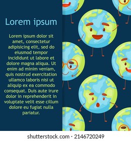 Patrón sin brillo con personajes lindos del planeta Tierra con cara. globo Kawaii. Gracioso cuerpo celestial. Las manos sostienen nuestro planeta. Feliz Día de la Tierra, Hora de la Tierra. 