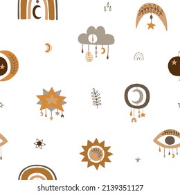 Seamless pattern with cute planet, moon, cloud, rainbow, star for nursery decoration. Doodle. Perfect for baby shower, birthday, baby party, clothing prints, greeting cards