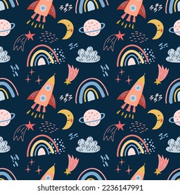 Seamless pattern with a cute planet, rainbow, rocket, cloud, stars  in space. For textile, wallpapers, wrapping paper, prints for childrens clothing, t-shirts, childrens parties.