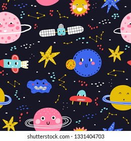 Seamless pattern with cute planet, star and ufo. Vector illustration for children. Trendy kids vector background. Dark background,