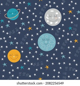 Patrón sin foco de lindos planetas con estilo de dibujos animados que sonríen y estrellas. Ilustración vectorial. 
