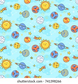 Seamless pattern with cute planets in space