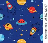 Seamless pattern with cute planets, stars, ufo, earth, constellations, rockets, space, saturn on dark blue background. Creative kids texture for fabric, prints, wallpaper, decorations, textiles.
