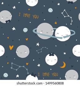 Seamless pattern with cute planets and stars. Childish space print. Vector hand drawn illustration.