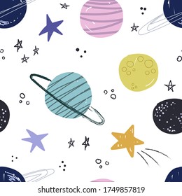 Seamless pattern with cute planets and stars. Creative children's texture in Scandinavian style. Great for fabric, textile vector illustration, children's holidays. Space
