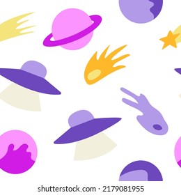 Seamless pattern with cute planets, stars and alien ships. Cosmic vector background. Hand drawn space elements