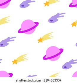 Seamless pattern with cute planets, stars and meteors. Cosmic vector background. Hand drawn space elements