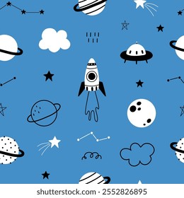 Seamless pattern with cute planets, stars, ufo, constellations, rockets, space, saturn on blue background. Creative kids texture for fabric, prints, wallpaper, decorations, textiles.