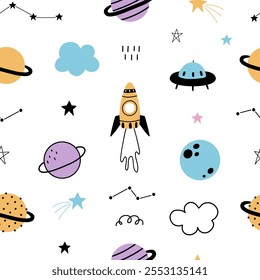 Seamless pattern with cute planets, stars, ufo, constellations, rockets, space, saturn, cloud on white background for your fabric, baby textile, apparel, nursery decor, gift wrapping paper.