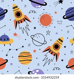 Seamless pattern with cute planets, stars, ufo, earth, constellations, rockets, space, saturn on light blue background. Creative kids texture for fabric, prints, wallpaper, decorations, textiles.