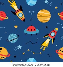 Seamless pattern with cute planets, stars, ufo, earth, constellations, rockets, space, saturn on dark blue background. Creative kids texture for fabric, prints, wallpaper, decorations, textiles.