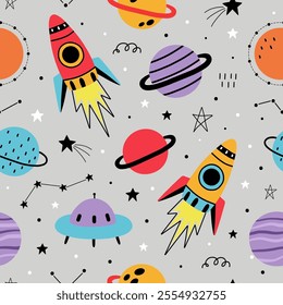 Seamless pattern with cute planets, stars, ufo, earth, constellations, rockets, space, saturn on grey background. Creative kids texture for fabric, prints, wallpaper, decorations, textiles.