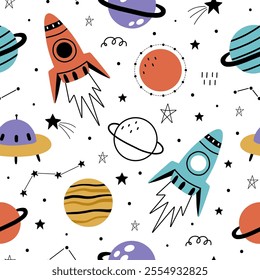 Seamless pattern with cute planets, stars, ufo, earth, constellations, rockets, space, saturn on white background. Creative kids texture for fabric, prints, wallpaper, decorations, textiles.