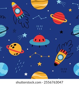 Seamless pattern with cute planets, stars, ufo, earth, constellations, rockets, space, saturn on dark blue background. Creative kids texture for fabric, prints, wallpaper, decorations, textiles.