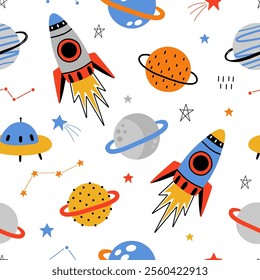 Seamless pattern with cute planets, stars, ufo, constellations, rockets, space, saturn on white background. Creative kids texture for fabric, prints, wallpaper, decorations, textiles.