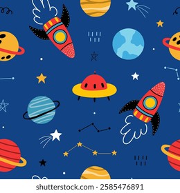 Seamless pattern with cute planets, stars, ufo, earth, constellations, rockets, space, saturn on dark blue background. Creative kids texture for fabric, prints, wallpaper, decorations, textiles.