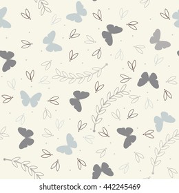 Seamless pattern with cute plants, butterflies and petals can be used for linen, tile design fabric, textile and more creative designs.
