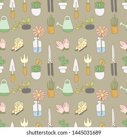 seamless pattern of cute plants and gardening tools, vector illustration, hand drawn doodle style