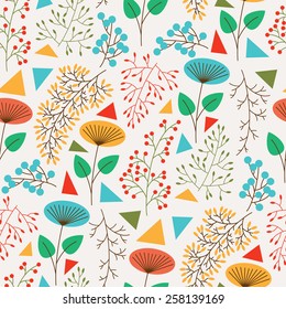Seamless pattern with cute plants and geometric figures. Vector illustration.
