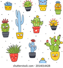 Seamless pattern with cute сactus  plants isolated on white - cartoon background for happy summer design