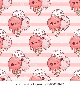 Seamless pattern with cute playful balls ice cream on striped pink background. Funny sweet dessert kawaii character. Vector illustration.